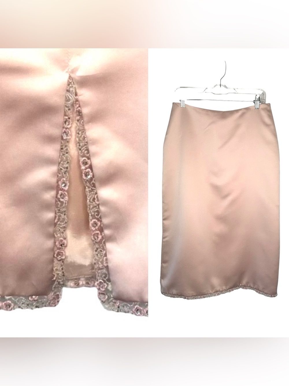 Vintage Satin Midi Pencil Skirt in pale pink with floral beaded trim